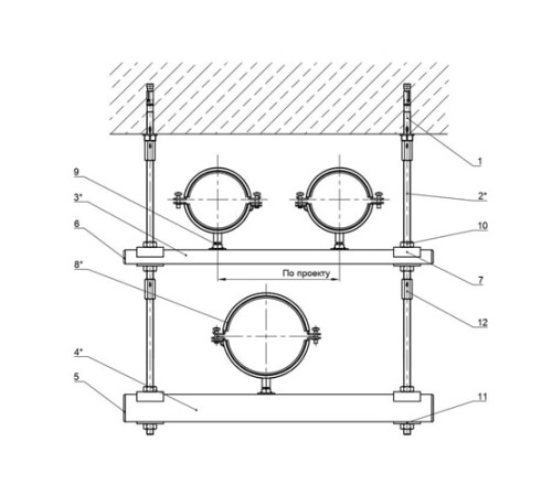 Крепления нескольких трубопроводов к перекрытию в Мозыре